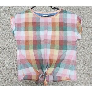 LL Bean Signature Size Medium Linen Plaid Check Top Blouse Tie Front